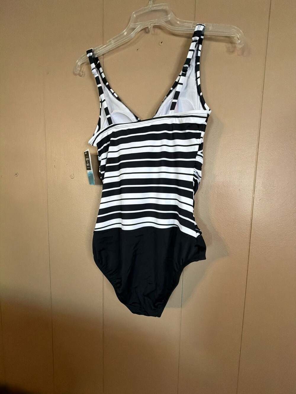 Swim Solutions Black and White Striped Ruched One-Piece Swimsuit Size 10 - Picture 4 of 4